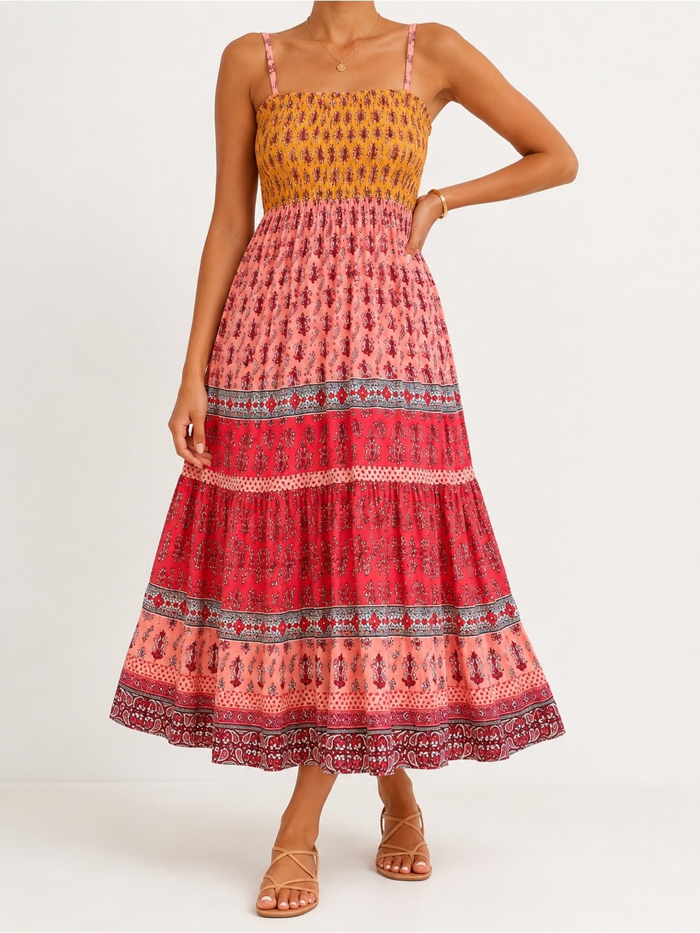 Knox Rose Boho Floral Tiered Maxi Dress Size Medium | Pink Mustard